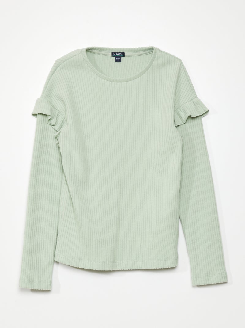 T-shirt uni avec volants aux épaules Vert - Kiabi