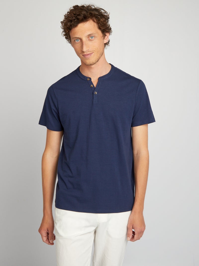 T-shirt uni col tunisien Bleu marine - Kiabi