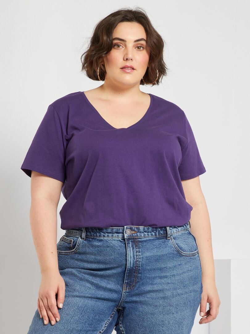 T-shirt uni col V violet - Kiabi