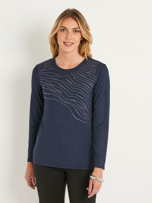 T-shirt uni droit court avec strass col rond - Kiabi
