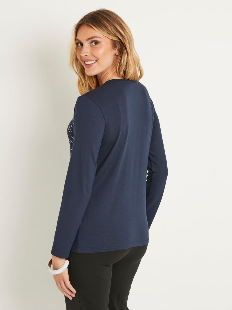 T-shirt uni droit court avec strass col rond Bleu marine - Kiabi