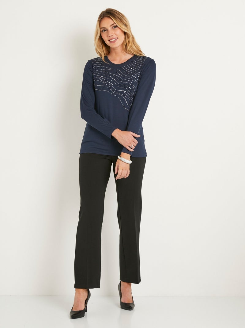 T-shirt uni droit court avec strass col rond Bleu marine - Kiabi