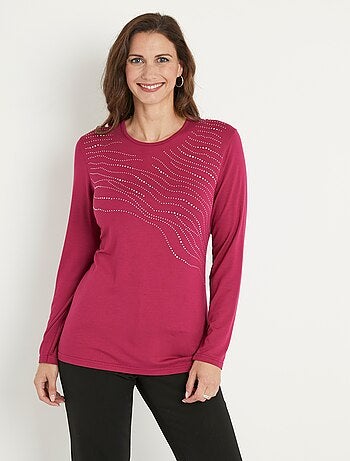 T-shirt uni droit court avec strass col rond