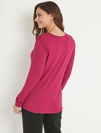 T-shirt uni droit court avec strass col rond
