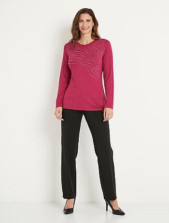 T-shirt uni droit court avec strass col rond
