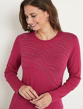 T-shirt uni droit court avec strass col rond