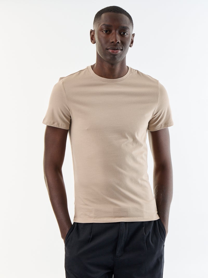 T-shirt uni en coton à col rond pour homme Beige - Kiabi