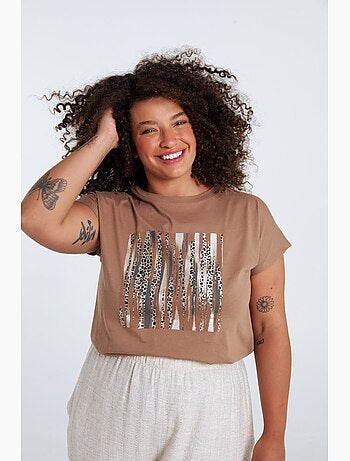 T-shirt uni en coton avec imprimé foil et léopard PAPRIKA