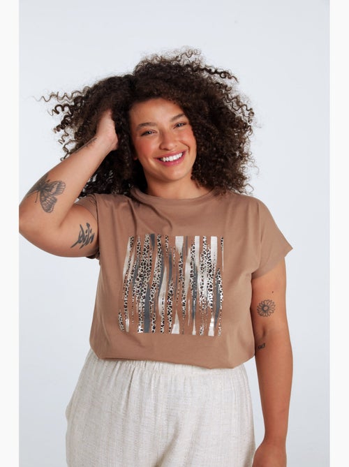 T-shirt uni en coton avec imprimé foil et léopard PAPRIKA - Kiabi