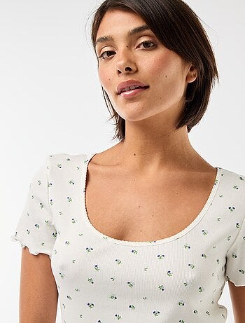 T-shirt uni en maille côtelé manches courtes