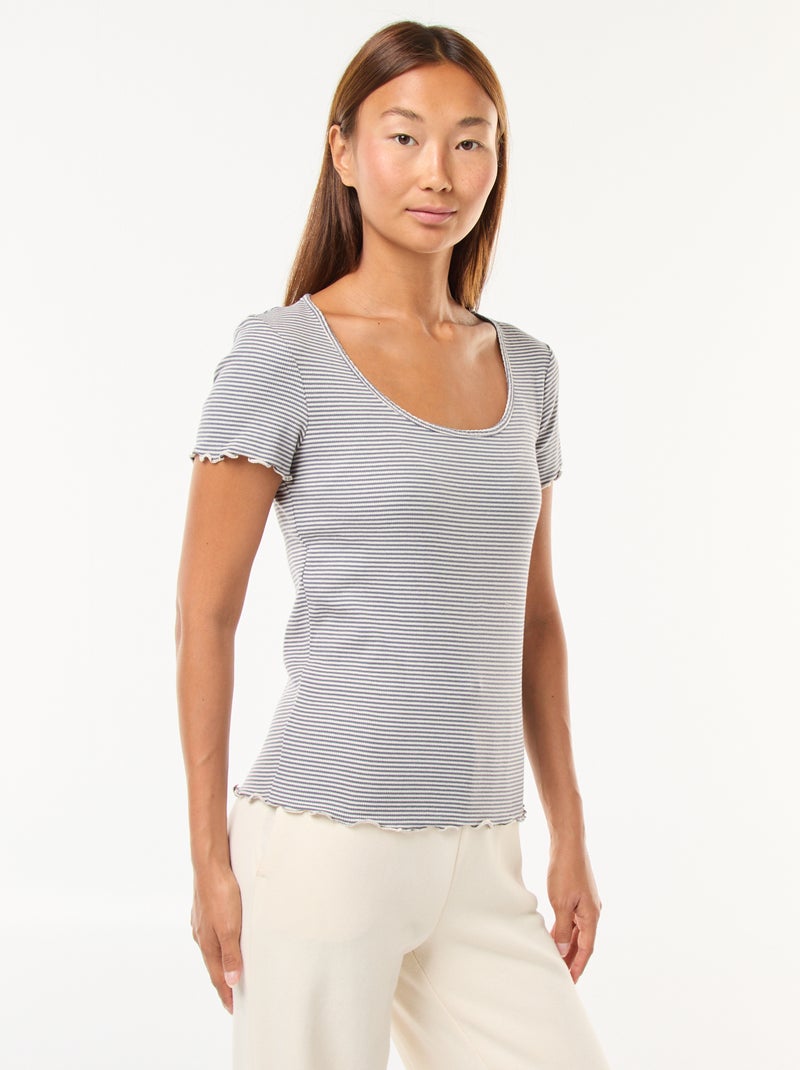 T-shirt uni en maille côtelé manches courtes Bleu - Kiabi