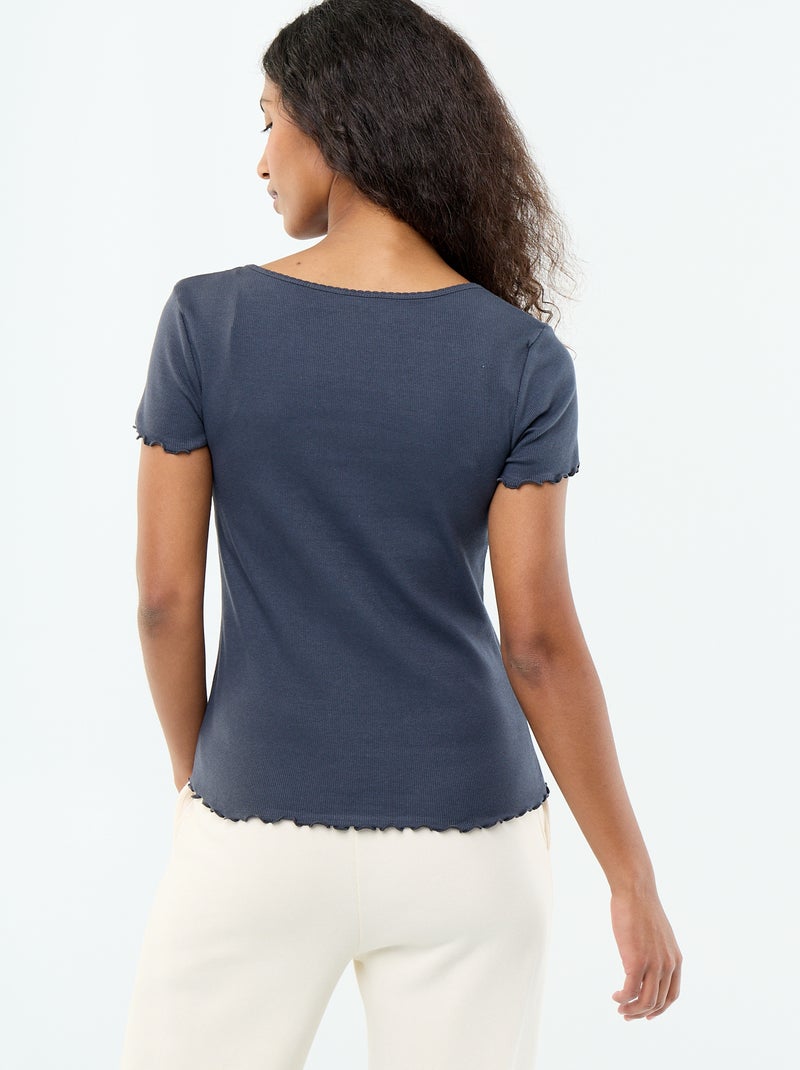 T-shirt uni en maille côtelé manches courtes Bleu - Kiabi
