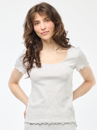 T-shirt uni en maille côtelé manches courtes