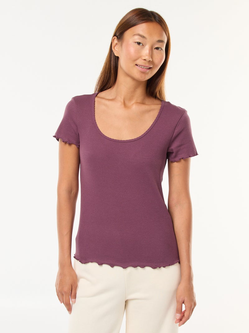 T-shirt uni en maille côtelé manches courtes Violet - Kiabi