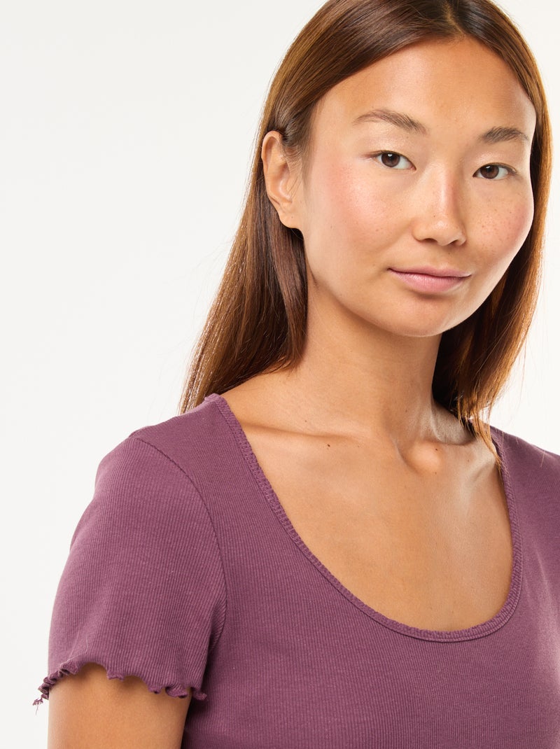 T-shirt uni en maille côtelé manches courtes Violet - Kiabi