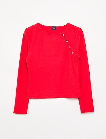 T-shirt uni en maille côtelée avec épaule boutonnée