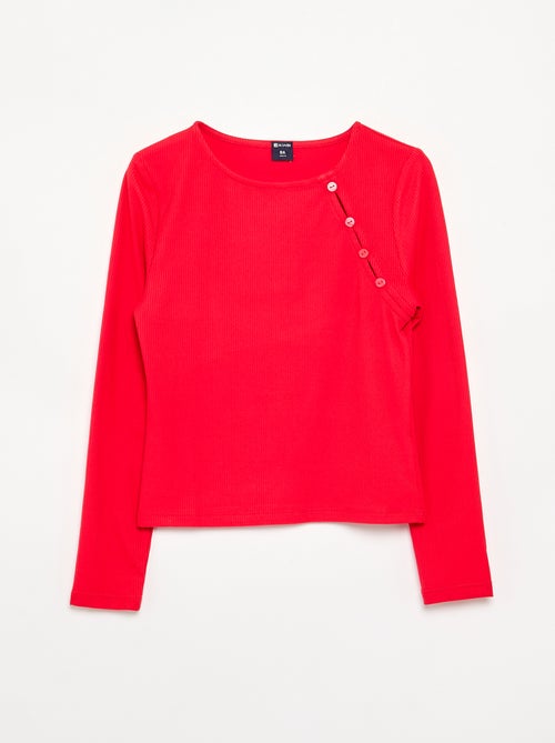 T-shirt uni en maille côtelée avec épaule boutonnée - Kiabi