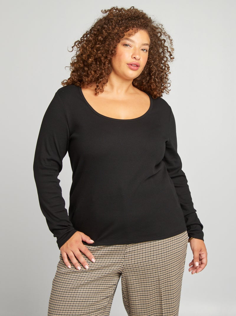 T-shirt uni en maille côtelée noir - Kiabi