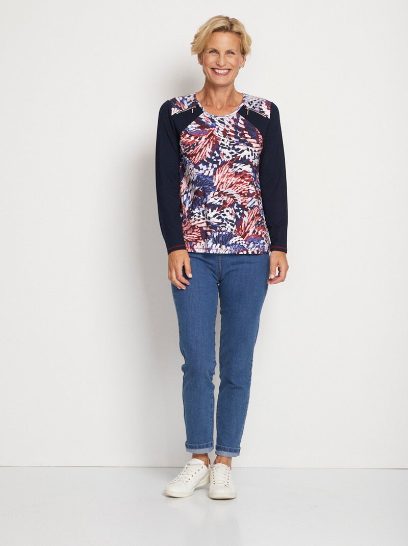 T-shirt uni imprimé manches longues Bleu - Kiabi
