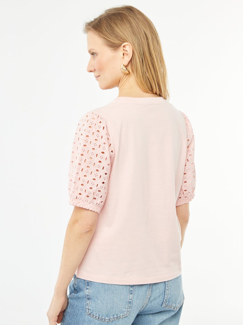 T-shirt uni manches courtes avec borderies anglaises Rose - Kiabi