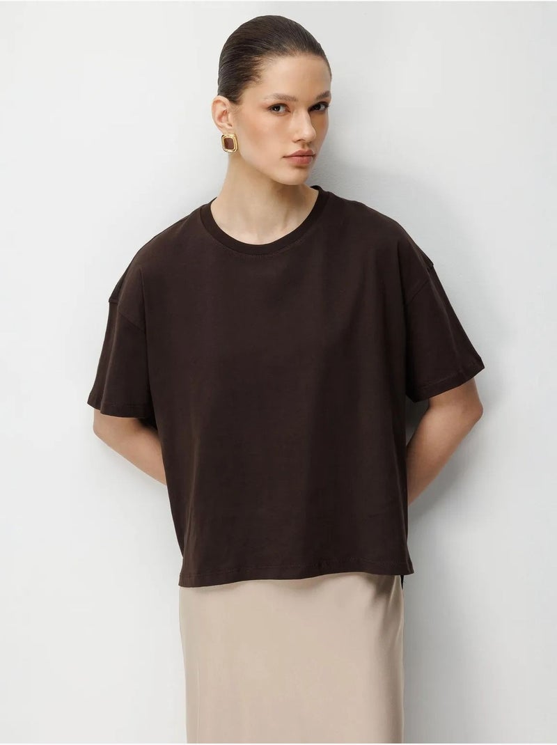 T-shirt uni oversize à col rond et fente mixray Marron chocolat - Kiabi
