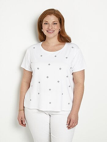 T-shirt uni strass col rond manches courtes