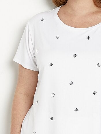 T-shirt uni strass col rond manches courtes