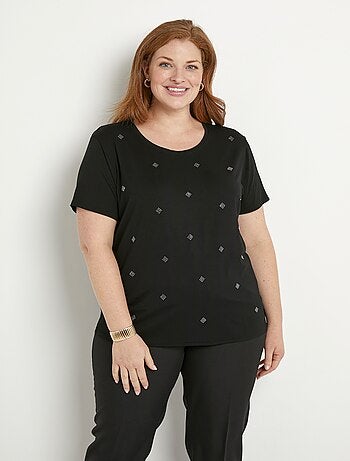 T-shirt uni strass col rond manches courtes