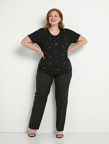 T-shirt uni strass col rond manches courtes