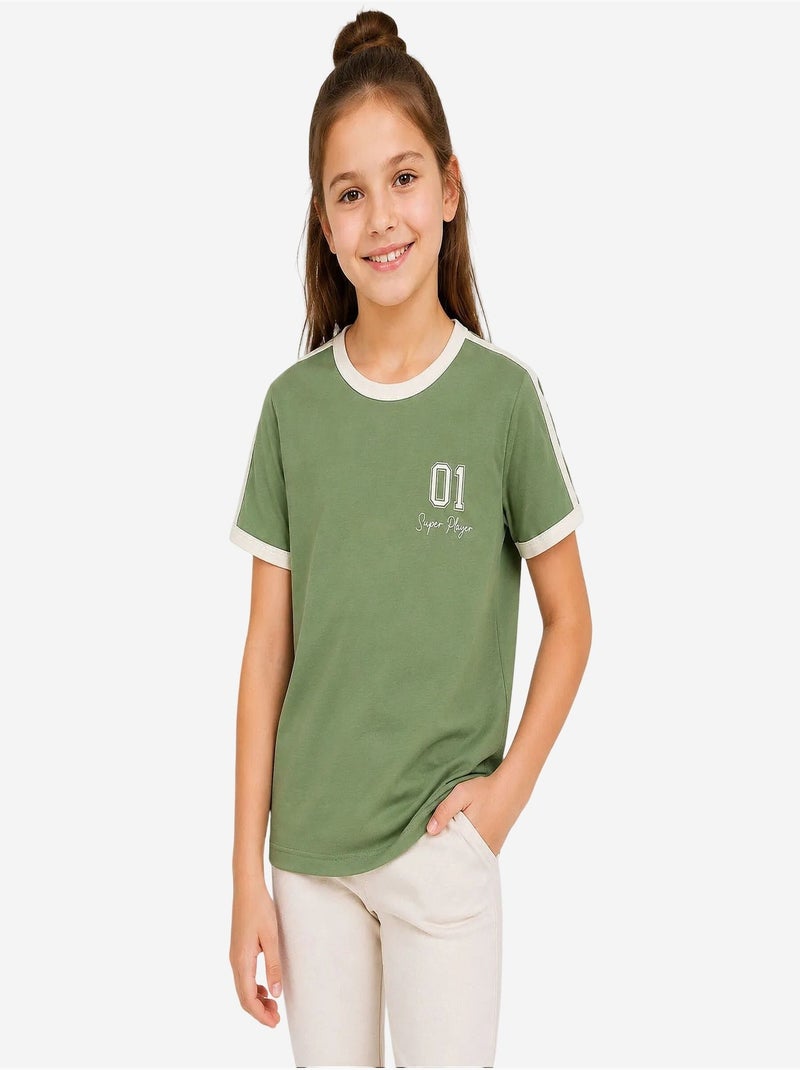 T-shirt unisexe jeune en coton et élasthanne tommy Kaki - Kiabi