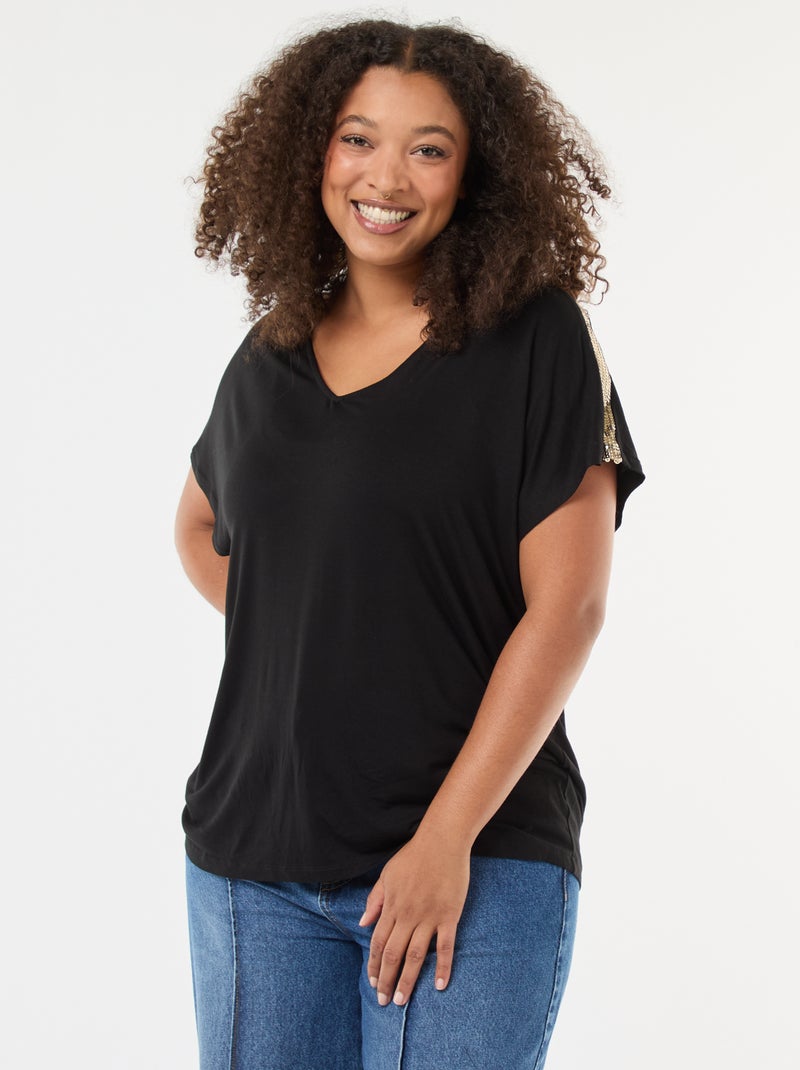 T-shirt 'Vero Moda' col V avec sequins Noir - Kiabi