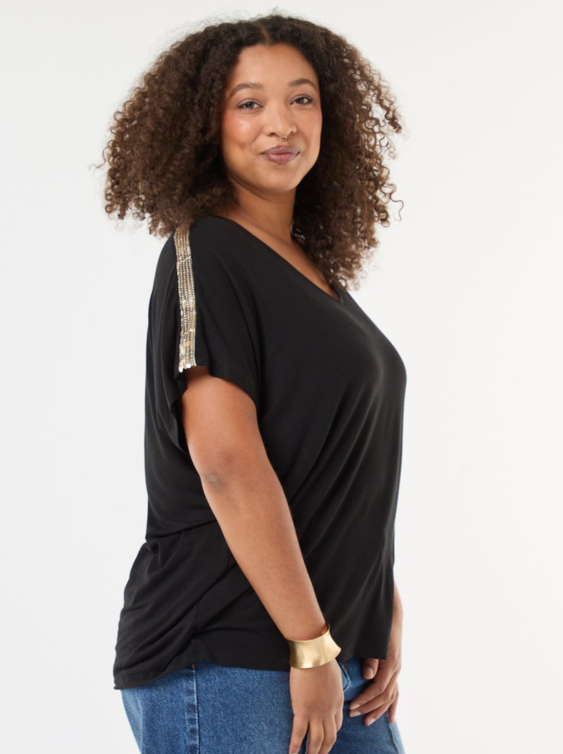 T-shirt 'Vero Moda' col V avec sequins Noir - Kiabi