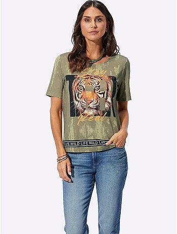 T shirt viscose imprimé tigre encolure ronde et manches courtes - Taille standard - Witt