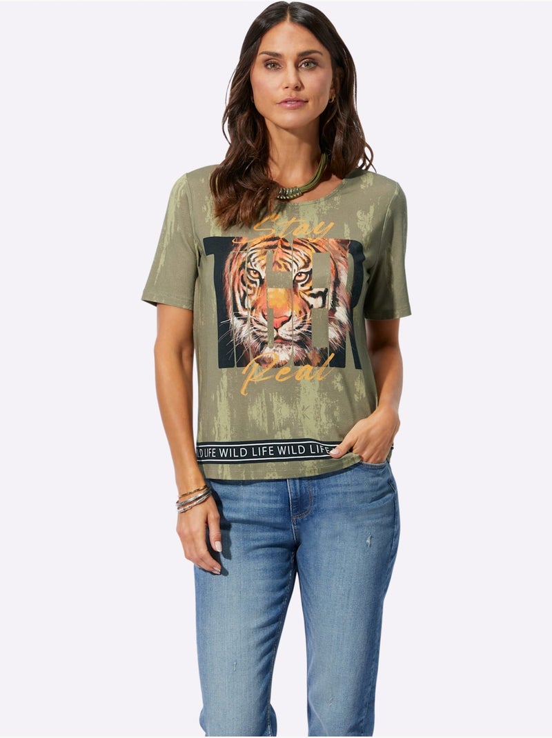 T shirt viscose imprimé tigre encolure ronde et manches courtes - Taille standard - Witt Kaki - Kiabi