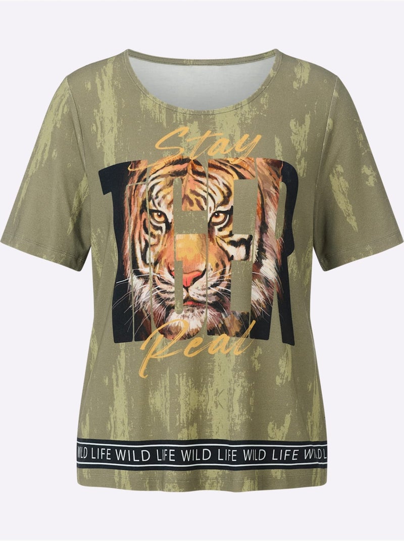 T shirt viscose imprimé tigre encolure ronde et manches courtes - Taille standard - Witt Kaki - Kiabi