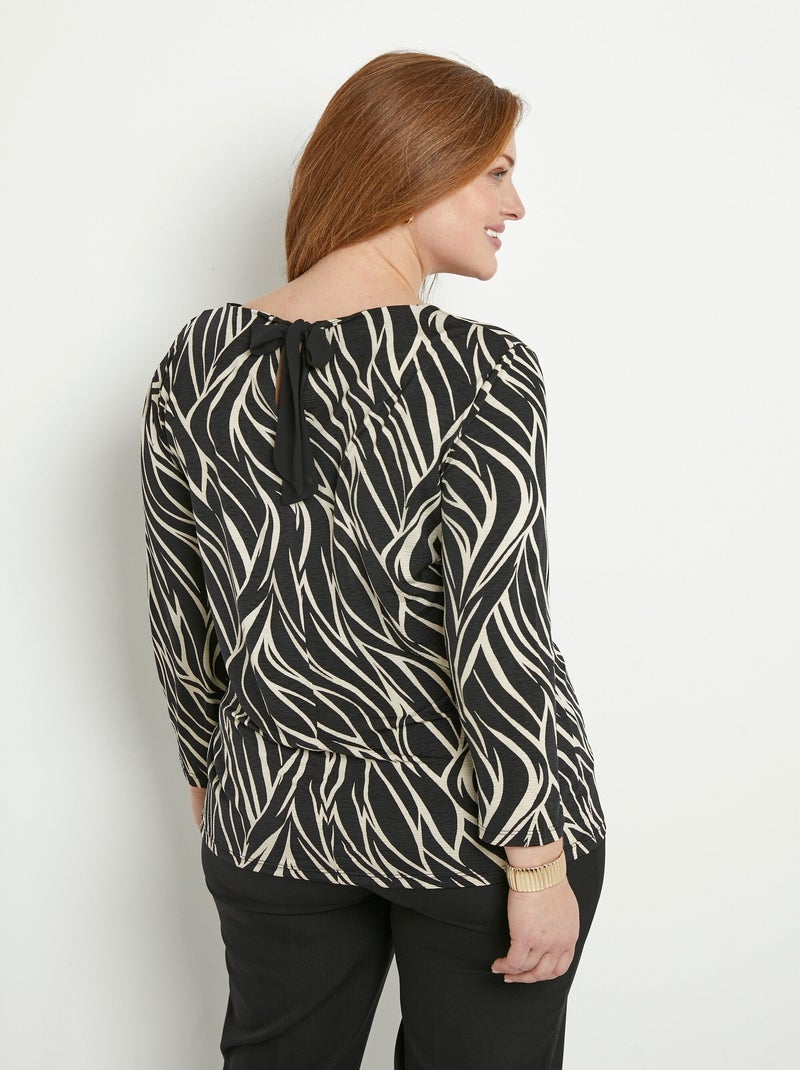 T-shirt zébré décolleté dos manches 3/4 Beige/Noir - Kiabi
