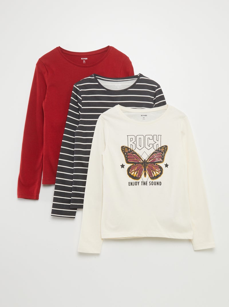 T-shirts en jersey à col rond - Lot de 3 Beige/rouge/anthracite - Kiabi