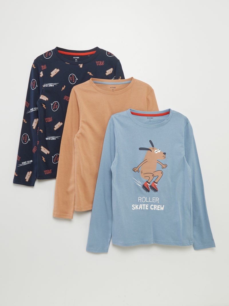 T-shirts en jersey à col rond - Lot de 3 Bleu/beige - Kiabi