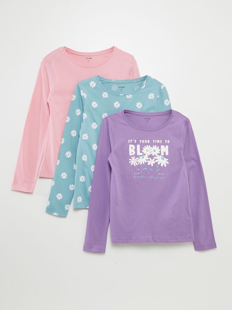 T-shirts en jersey à col rond - Lot de 3 violet/rose/bleu - Kiabi