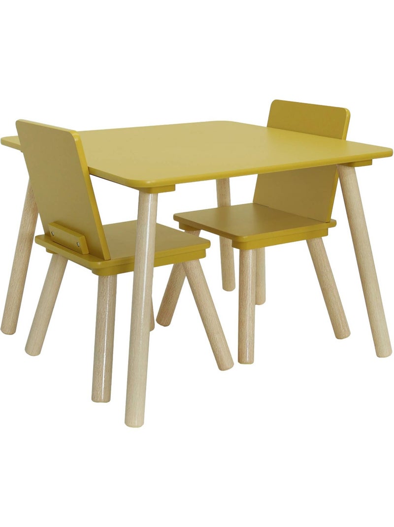 Table carrée enfant bois de pin 2 assises Judith Jaune - Kiabi