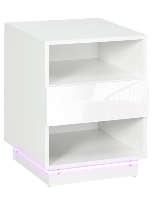 Table de chevet LED - tiroir, niches, plateau - blanc brillant laqué - Kiabi