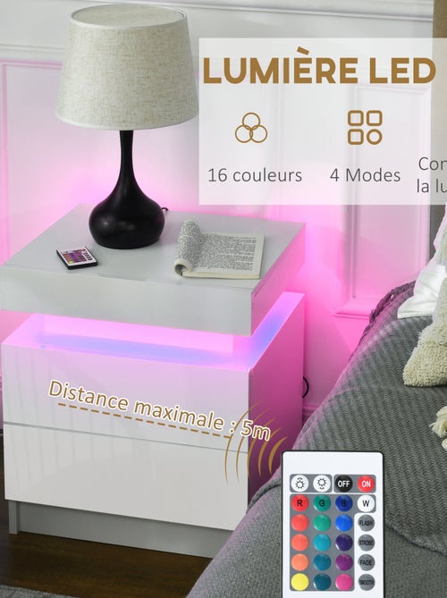 Table de chevet LED 2 tiroirs blanc laqué - Kiabi