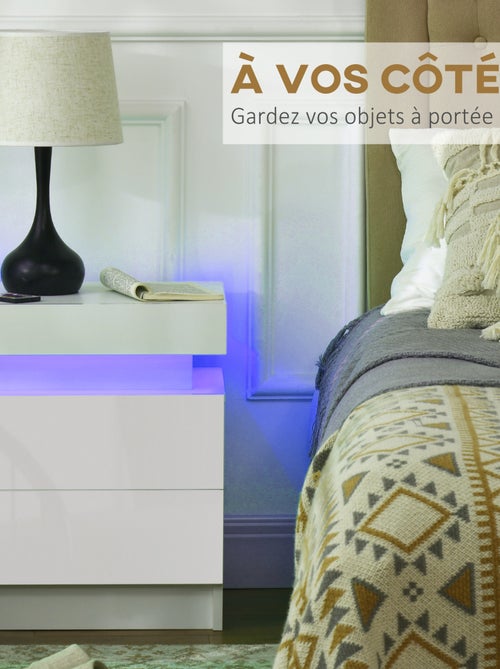 Table de chevet LED 2 tiroirs blanc laqué - Kiabi