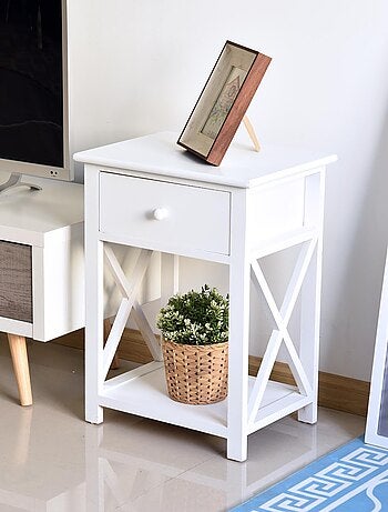 Table de chevet style cosy avec croix latérales tiroir et étagère bois MDF