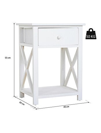 Table de chevet style cosy avec croix latérales tiroir et étagère bois MDF