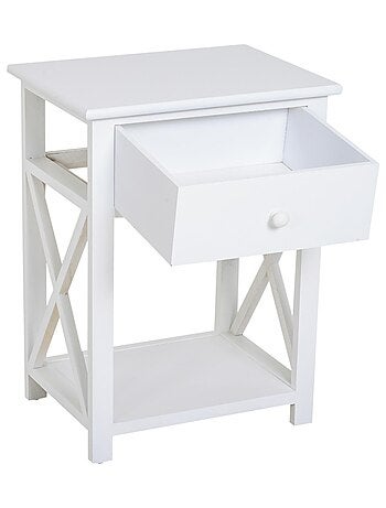 Table de chevet style cosy avec croix latérales tiroir et étagère bois MDF