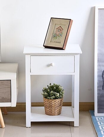 Table de chevet style cosy avec croix latérales tiroir et étagère bois MDF