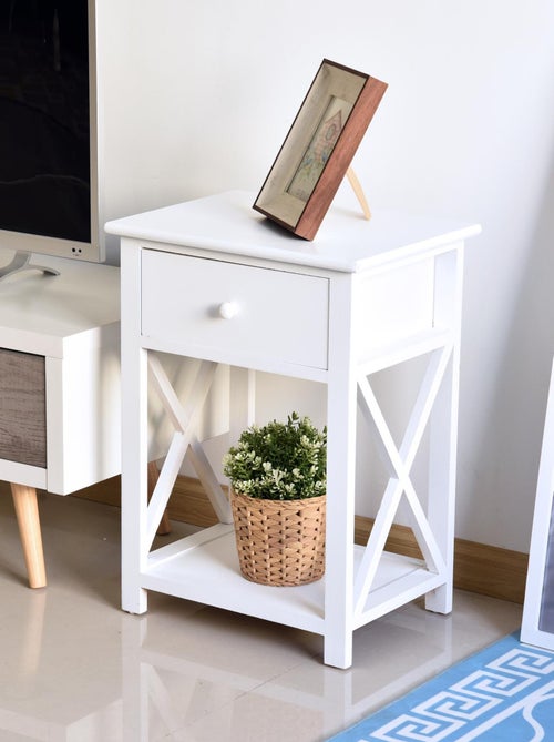 Table de chevet style cosy avec croix latérales tiroir et étagère bois MDF - Kiabi