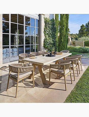 Table de jardin 8 places en acacia plateau effet travertin VENIZIA