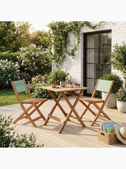 Table de jardin bistrot enfant bois d'acacia + 2 assises Elise - Kiabi Table de jardin bistrot enfant bois d'acacia + 2 assises Elise - Kiabi